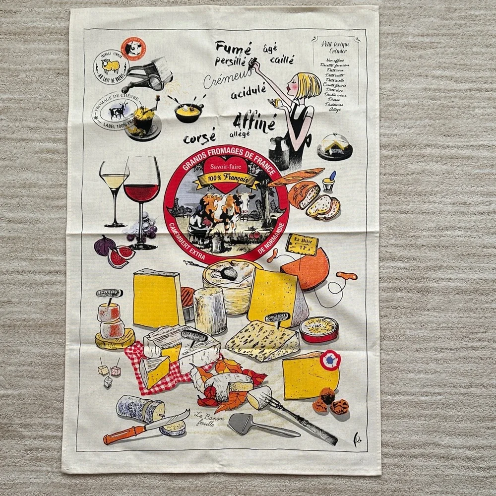 NWOT Torchons & Bouchons Tea Towel Cheese Party 19 x 28.5 inches French